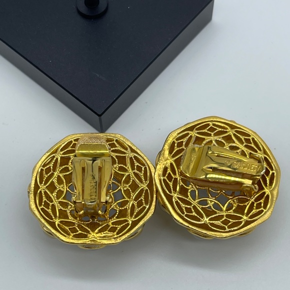 Gold Tone Button Earrings with Yellow and Blue Cloudy Stones - Clip On - Picture 2 of 2